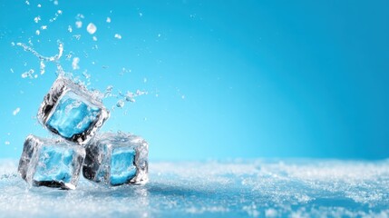 A dynamic shot of ice cubes splashing into clear water against a vibrant blue backdrop, representing refreshment and the coolness of summer drinks and beverages.
