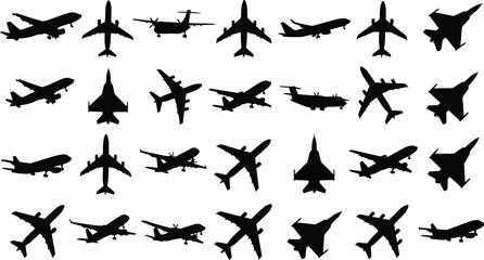 Aircraft silhouettes mega collection showing commercial airplanes, cargo planes and military jets from multiple angles, aviation transport isolated on white background
