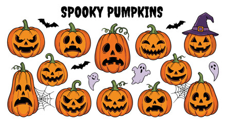 Collection of Halloween pumpkins, ghosts, and bats, perfect for spooky decorations and festive occasions