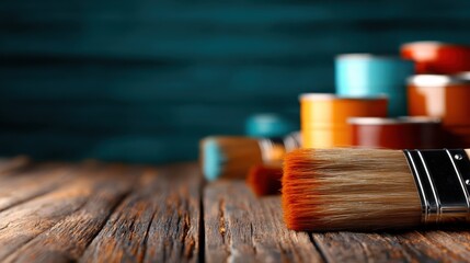 A collection of paint brushes resting beside vibrant paint cans, beautifully arranged to evoke creativity and artistic expression. Perfect imagery to inspire DIY and artistic projects.
