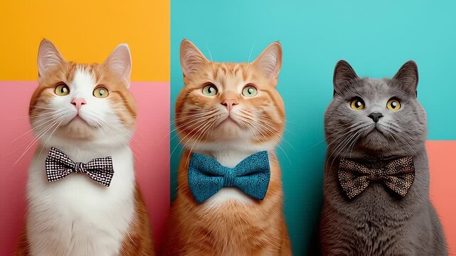 Three cats wearing bow ties together.