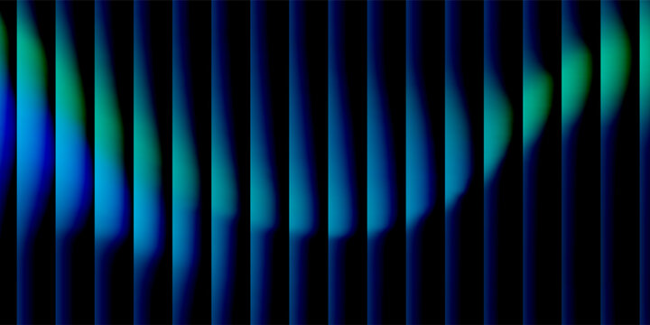 3d render, dynamic abstract geometric stripes in blue and green gradient on a black background