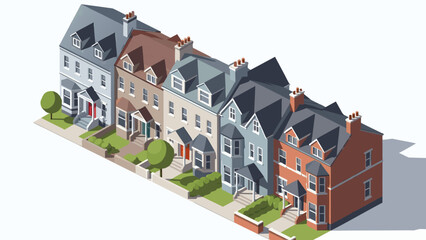 Colorful row houses with different roof styles and gardens