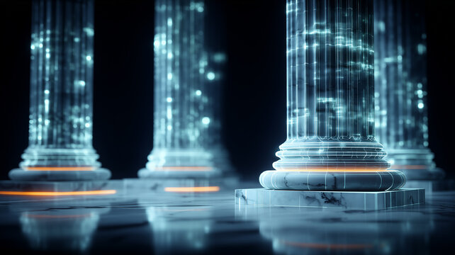 Glowing data pillars shaped as classical columns symbolizing institutional stability and digital governance.
