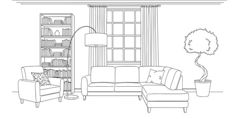 Modern interior living room line art illustration with sectional sofa bookshelf floor lamp window and potted plant for coloring page or architectural design © Md