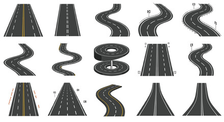 Set of various asphalt road segments with curved paths winding streets highway symbols and perspective driveway vector elements for infographic design maps © Md