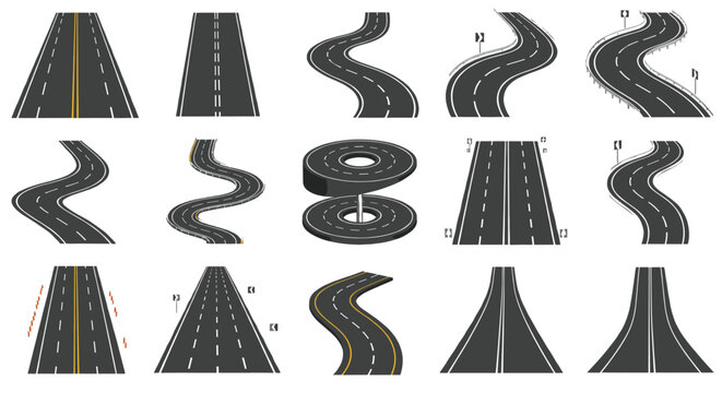 Set of various asphalt road segments with curved paths winding streets highway symbols and perspective driveway vector elements for infographic design maps