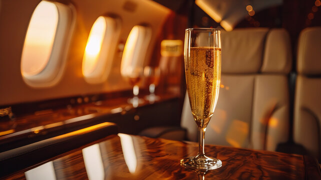 A frist class flight seat with a glass of champagne near the plane's window wth golden sun shining through, champagne glasses on the table, champagne