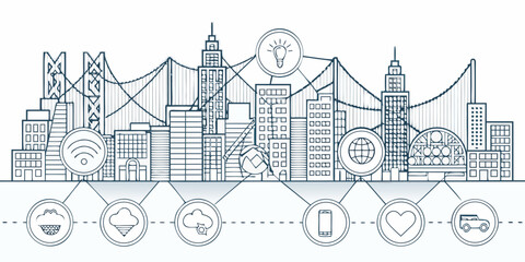 Naklejka premium Cityscape illustration incorporating technology and innovation icons in a line art style
