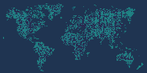 a digital world map made of small teal pixels on a dark blue background