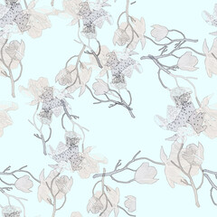 Vintage watercolor Seamless  pattern - flowers, roses branch with buds, leaves. 
Seamless watercolor background with floral pattern. Blue flower, rose, peony, dogrose.
Fashionable stylish pattern