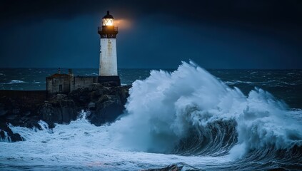 Obraz premium A dramatic lighthouse stands resilient against powerful waves under a stormy sky, illuminating the dark sea with its beacon of light.