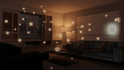 Smart Home Living Room Interior at Night with Interfaces