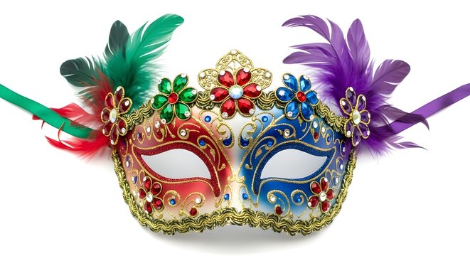 Vibrant venetian masquerade mask with colorful feathers and ornate details