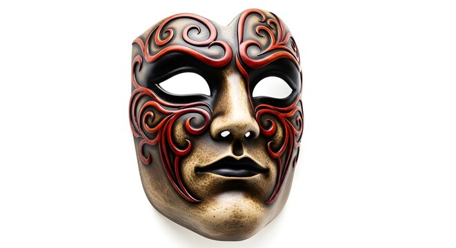 Venetian carnival mask with red and black swirling patterns