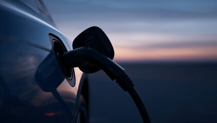 Electric Car Charging Station Plug Close Up at Dawn
