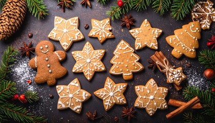 Festive gingerbread cookies in star, tree, and man shapes on a dark surface surrounded by pine needles