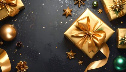 Festive Golden gifts, ornaments, and glitter adorn a dark, textured surface, creating a holiday-themed composition
