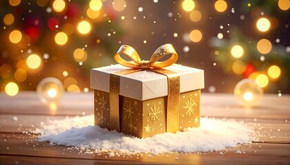 Festive gold-trimmed gift box with ribbon on snow-dusted table with bokeh lights and greenery in soft focus background
