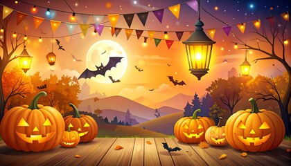 Festive Halloween scene with smiling pumpkins under a full moon & festive bunting against a twilight sky
