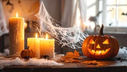 Festive Halloween decor featuring candles, jack-o'-lantern, spiderwebs, and leaves on a rustic wooden surface
