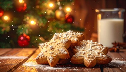 Festive star-shaped cookies, snowy dusted, sit before a blurred Christmas tree, milk, and cinnamon sticks on wood