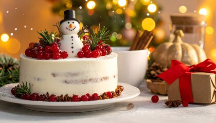Festive winter cake topped with snowman figure, cranberries, & evergreen sprigs, with a gift and bokeh Christmas tree