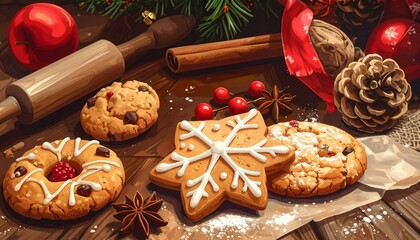 Festive, warm kitchen scene, featuring homemade cookies, pinecones, cinnamon sticks, rolling pin, apples, & red ribbon