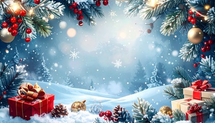 Festive winter scene with snow-covered branches, gifts, and ornaments against a blurred, snowy background
