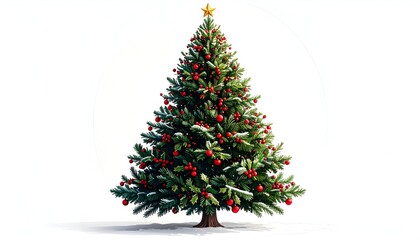 Festively decorated Christmas tree with red ornaments and a golden star against a bright white background