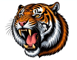 Fierce vector tiger head roaring, displaying sharp fangs, detailed fur, and vibrant orange and white coloring