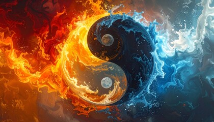 Fiery & watery yin-yang symbol with planets inside, vibrant orange & blue colors. Balance of elements