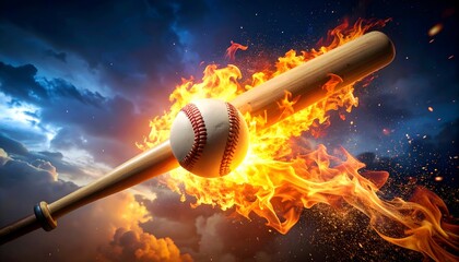 Fiery baseball and wooden bat against a dramatic stormy sky, energy and motion conveyed through burning flames