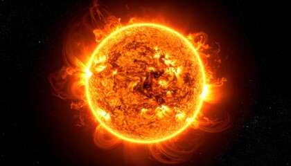 Fiery, glowing sphere surrounded by plasma bursts against a star-studded black backdrop. Celestial and dramatic