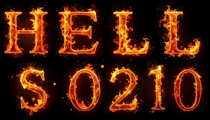 Fiery text "HELL S.0210" glows with bright orange flames against stark black background