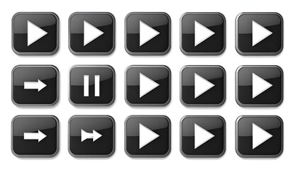 Fifteen black, glossy media control icons with white symbols are arranged in a grid on a white background
