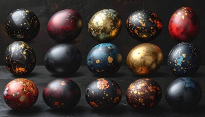 Fifteen decorated eggs arranged in a grid formation, resting on a dark textured surface, against a murky dark background