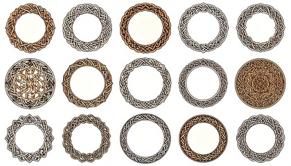 Fifteen intricately woven ornamental frames are arranged on a white surface, varying in color and design