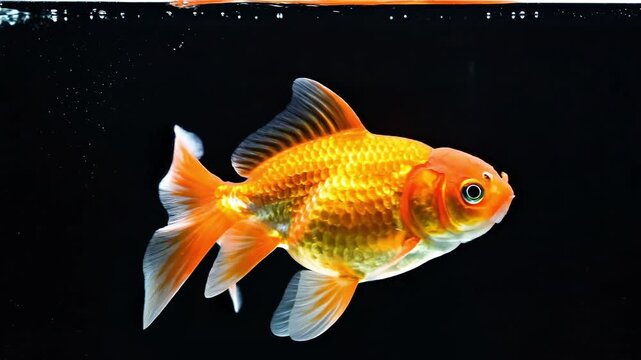 Orange fancy goldfish displays its flowing fins while swimming in front of a solid black background for marine life marketing materials.