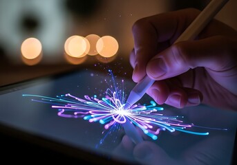 Digital Artist Creating Dynamic Light Trails on Touchscreen Tablet with Stylus