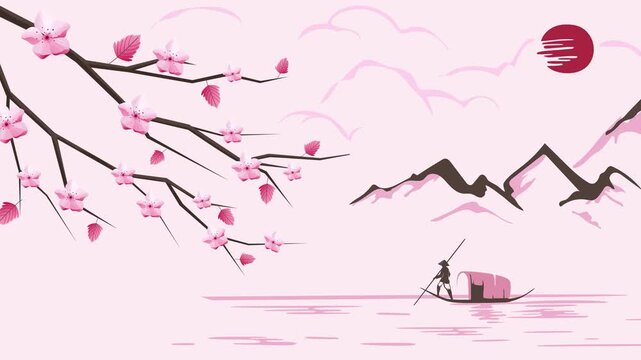 2D animation of cherry blossoms on branches and petals. A cherry blossom tree with falling flowers in Japanese style. A spring-themed 2D animation loop for posters.