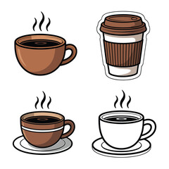 Obraz premium Four illustrations of steaming coffee in various cups and containers