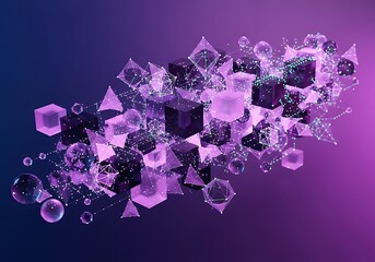 Abstract Digital Geometry Cluster with Glowing Particles on Purple Gradient Background