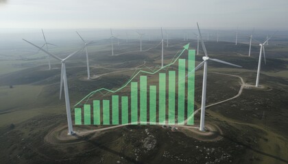 Wind Farm Landscape with Rising Green Financial Growth Chart Overlay Representing Renewable Energy Investment