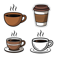 Obraz premium Four cartoon illustrations of steaming coffee cups and a to go container
