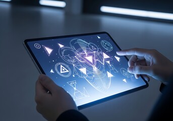 Futuristic Digital Interface on Tablet Screen with Glowing Technology