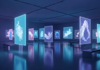 Futuristic Digital Art Gallery with Holographic Display Screens