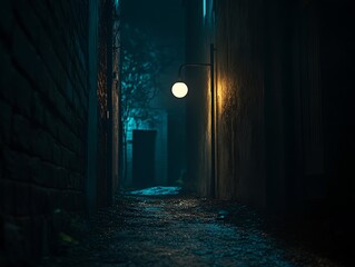 Mysterious nocturnal alleyway illuminated by a solitary street lamp, shrouded in ambiance
