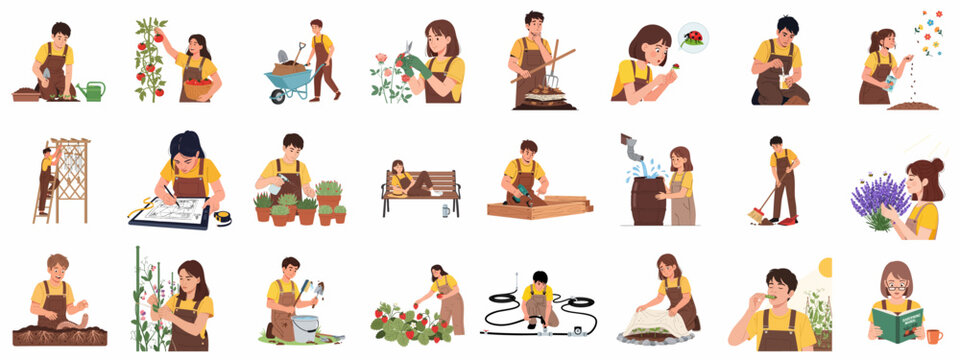Comprehensive collection of flat vector illustrations depicting various steps in home gardening, including planting, harvesting, planning, and maintenance.
