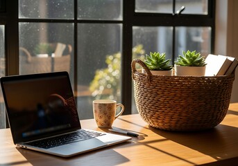 Bright Morning Home Office Setup with Laptop and Natural Light